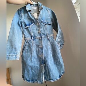 ZARA Denim Midi Shirt Dress Short lapel collar V-neck long sleeves Size XS